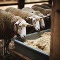 Three sheep are seen side by side, enjoying their feed from long trough within a rustic barn setting. Royalty Free Stock Photo