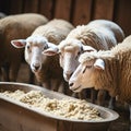 Three sheep are seen side by side, enjoying their feed from long trough within a rustic barn setting. Royalty Free Stock Photo