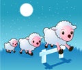 Three Sheeps jumping fence at night stars and moon Royalty Free Stock Photo