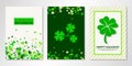 Three sheets with four leaved greenery clover, shamrock confetti. Vector flyer design templates for Saint Patrick`s Day