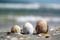 Three shells on a beach.