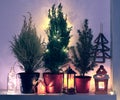 Three shining conifer trees with lanterns on vintage shelf