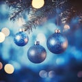 Three Blue Christmas Ornaments on Tree Royalty Free Stock Photo
