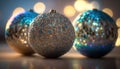 three shiny blue and gold christmas ornaments on a shiny surface.