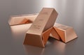 Three copper ingots or bars over reflective silver background - essential electronics production metal or money investment concept
