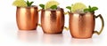 Three Shiny Copper Mugs Filled With Fresh Limes and Fragrant Mints