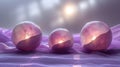 Three Shiny Glass Balls Resting on Purple Cloth. Generative AI. Royalty Free Stock Photo