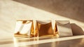 Three Shiny Gold Foil Packages on Light Textured Surface Mock Up Royalty Free Stock Photo