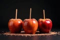 Three shiny red candied apples with cinnamon sugar coating on dark surface. Generative AI Royalty Free Stock Photo