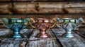 Three shiny trophies sitting on a wooden table with the reflection of someone walking, AI Royalty Free Stock Photo