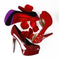 Three shoes and rose petals Royalty Free Stock Photo