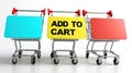 Three shopping carts with signs on them that say add to cart, AI