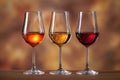 three shot glasses with different types of wine Royalty Free Stock Photo