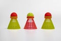 three shuttlecocks for playing crossminton on a white background. Royalty Free Stock Photo