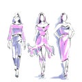 Fashionable models standing on catwalk. Fashion free hand water