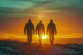 Three Silhouetted Figures Walking Towards A Vibrant Sunset, Creating A Dramatic And Serene Scene
