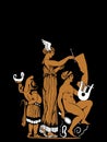 three silhouettes of gnome, man and muse