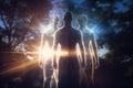 Three silhouettes of human astral bodies, concept image for near death experience, spirituality, and meditation - AI Generated Royalty Free Stock Photo