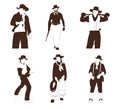 Three silhouettes of men with one wearing a cowboy hat and one wearing a cowboy hat.