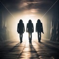 three silhouettes of rock musicians with long hair walk along a tunnel passage towards the light Royalty Free Stock Photo