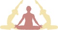 Three silhouettes of various women in position yoga pose Indian East Asana