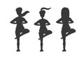 Three silhouettes of woman practicing yoga. Tree pose, Vrikshasana pose. Vector illustration Royalty Free Stock Photo