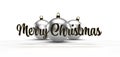 Three silver christmas balls on a white background with the text merry christmas.