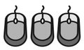 Three similar duplicate computer mice peripheral against a white backdrop