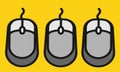 Three similar duplicate computer mice peripheral against a yellow backdrop