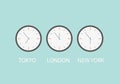 Three simple clock dials, on blue background. Vector illustration