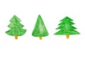 Three simple green conifer trees for Christmas decor - watercolor painting isolated on white