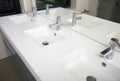 Three sink bathroom with three washbasin and three faucet white modern design with mirror