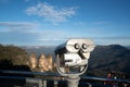Three Sister lookout at Jamison Valley in the Blue Mountains with Coin operated binoculars viewer in front of The Three Sisters ar