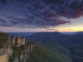 The Three Sisters and the Blue Mountains at Sunset, Katoomba, NSW, Australia Royalty Free Stock Photo