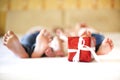 Three sisters, close up on gift box. Holiday and happiness concept Royalty Free Stock Photo