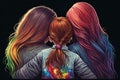 Three sisters with rainbow hair are hugging, rear view. Generative AI