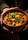 Three Sisters Stew is a dish made from corn, beans and pumpkin. A pot of stew simmering over an open fire. American