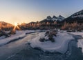 Sunrise above The Three Sisters, Canmore, Travel Alberta, Banff National Park, Canada, North America, Canadian Rockies Royalty Free Stock Photo