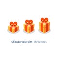 Three sizes of gift, yellow box, red ribbon, present giveaway, special prize, happy birthday Royalty Free Stock Photo