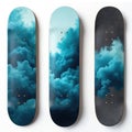 Three skateboards stand vertically on clean white background. Deck features unique blue cloud abstract art design. Two boards Royalty Free Stock Photo