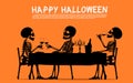 Three skeletons are eating dinner in Halloween night