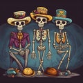 Three skeletons in hats, elegantly decorated, hats at their feet, dark background. For the day of the dead and Halloween