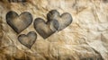 Three sketched hearts on crumpled aged paper Royalty Free Stock Photo