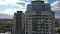 Three skyscrapers in the center of modern city. Ascent to the helipad on the roof of a skyscraper