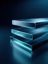 Abstract stack of translucent blue glass rectangles with glowing edges on a dark reflective surface Royalty Free Stock Photo
