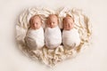 Three sleeping newborn brothers on the background of the heart.