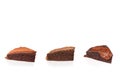 Three slice chocolate cake isolated in white background. Royalty Free Stock Photo