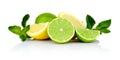 Three sliced lemons with limes with mint Royalty Free Stock Photo