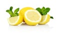 Three sliced lemons with mint isolated on a white background