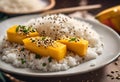 three slices of mango sitting on top of rice next to two bowls of bananas and Royalty Free Stock Photo